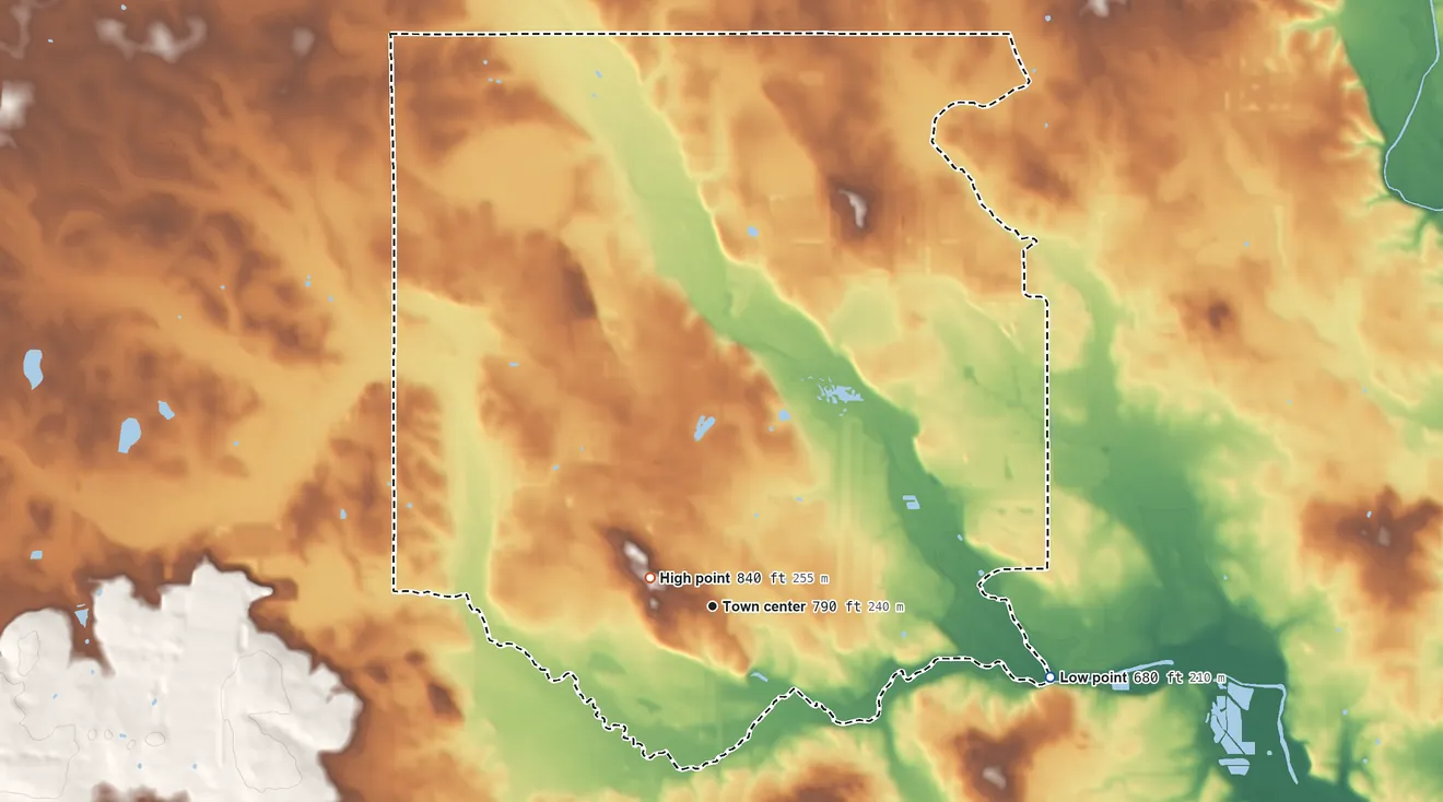 Topographic elevation map of Meridianville, Alabama, shaded from 680 ft on the east side to 840 ft near the middle