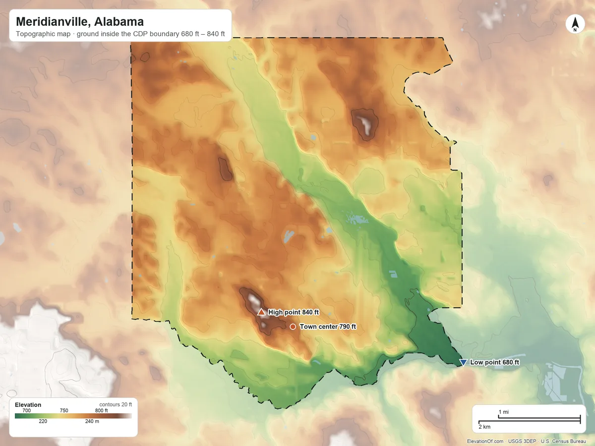 Topographic elevation map of Meridianville, Alabama, shaded from 680 ft on the east side to 840 ft near the middle