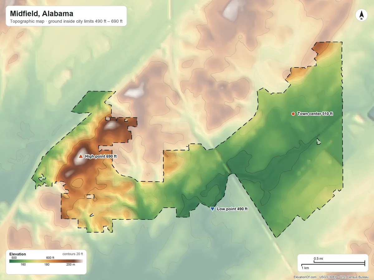 Topographic elevation map of Midfield, Alabama, shaded from 490 ft on the southwest side to 690 ft on the west side
