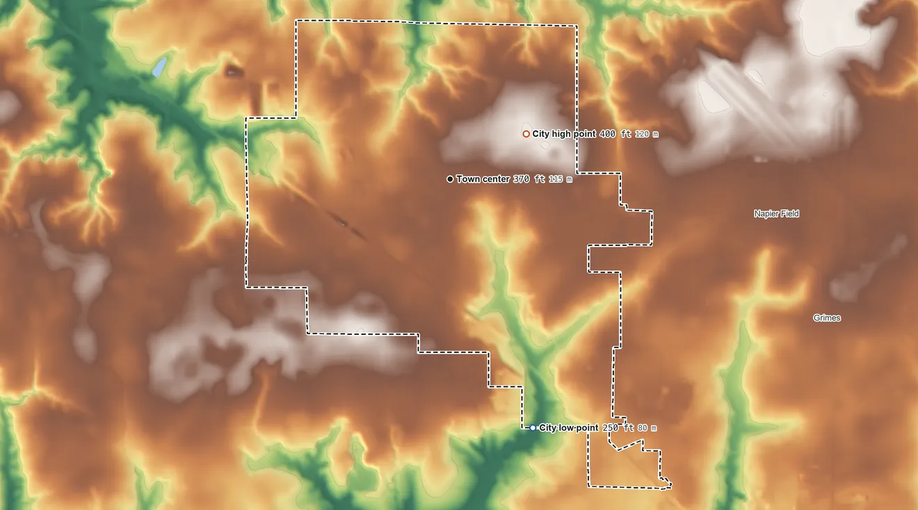Topographic elevation map of Midland City, Alabama, shaded from 250 ft on the south side to 400 ft on the northeast side