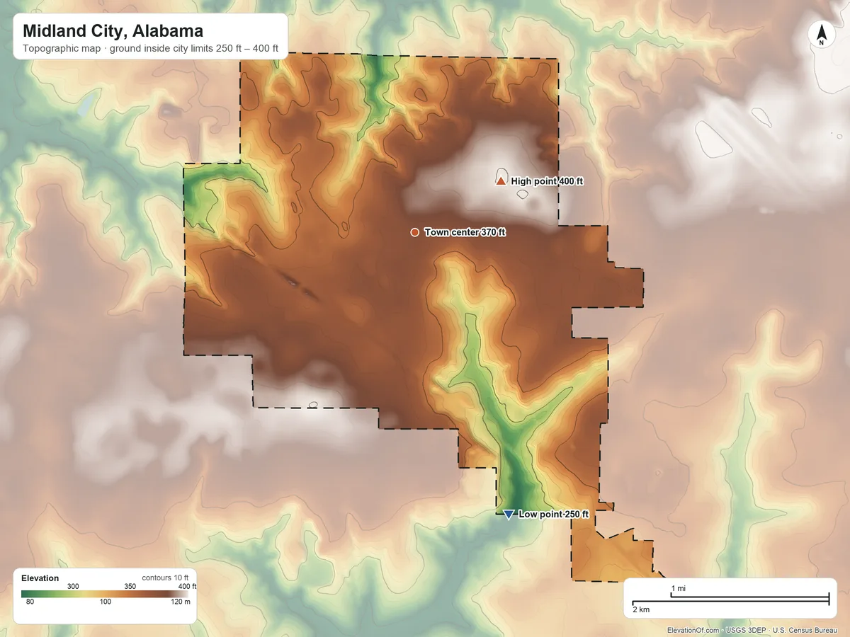 Topographic elevation map of Midland City, Alabama, shaded from 250 ft on the south side to 400 ft on the northeast side