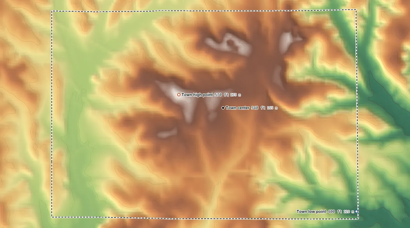 Topographic elevation map of Midway, Alabama, shaded from 400 ft on the southeast side to 570 ft on the west side