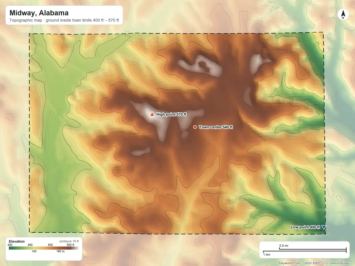 Topographic elevation map of Midway, Alabama, shaded from 400 ft on the southeast side to 570 ft on the west side