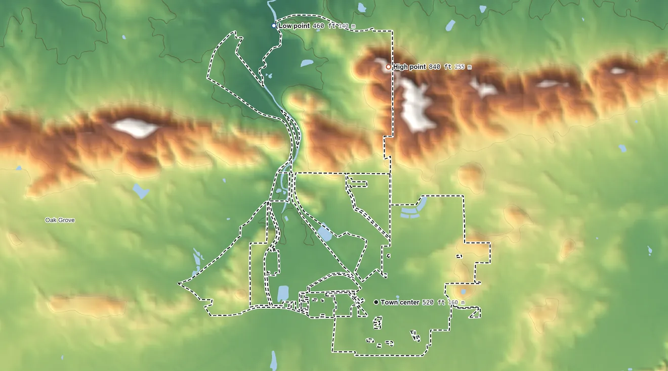Topographic elevation map of Mignon, Alabama, shaded from 460 ft on the north side to 840 ft on the north side