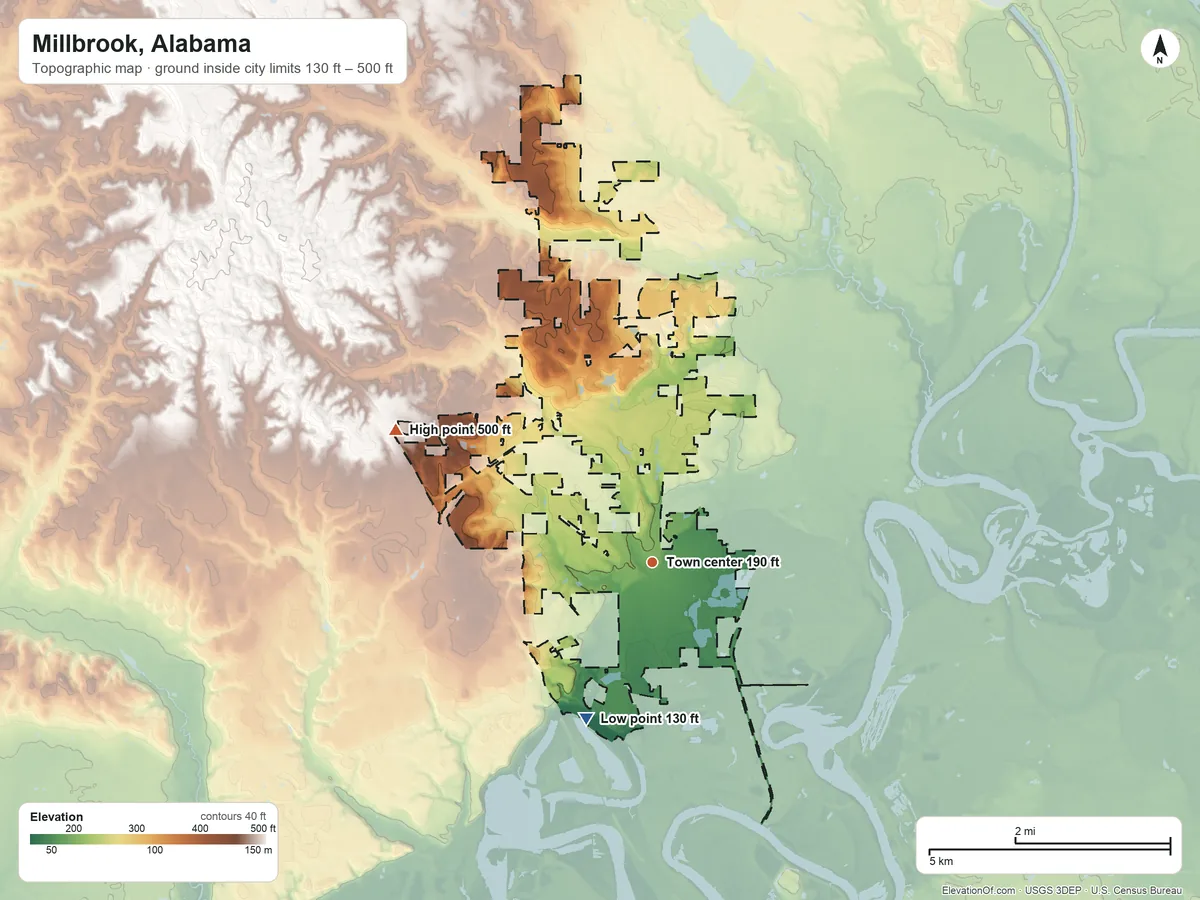 Topographic elevation map of Millbrook, Alabama, shaded from 130 ft on the southwest side to 500 ft on the northwest side
