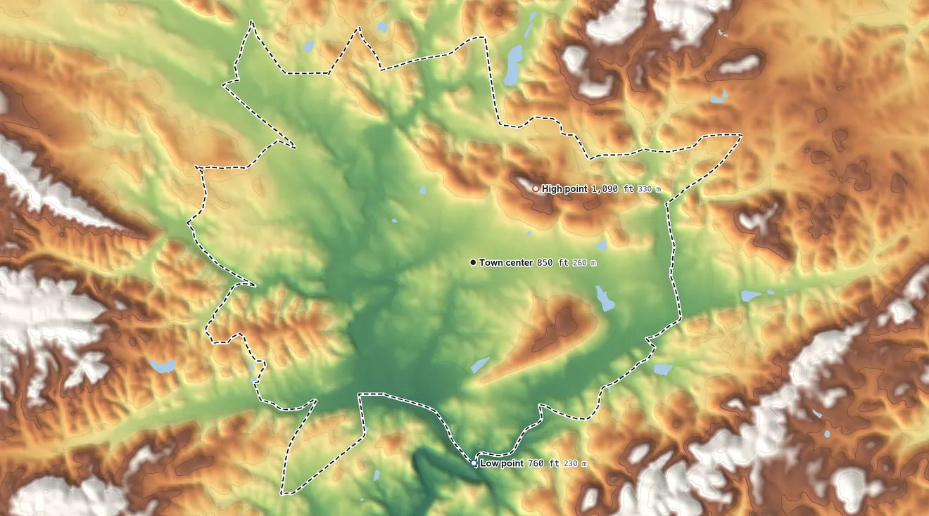 Topographic elevation map of Millerville, Alabama, shaded from 760 ft on the south side to 1,090 ft on the northeast side