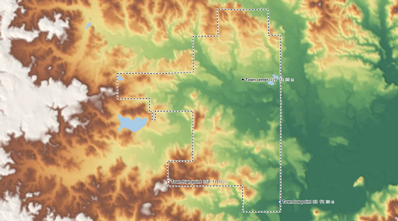 Topographic elevation map of Millry, Alabama, shaded from 92 ft on the south side to 260 ft on the southwest side