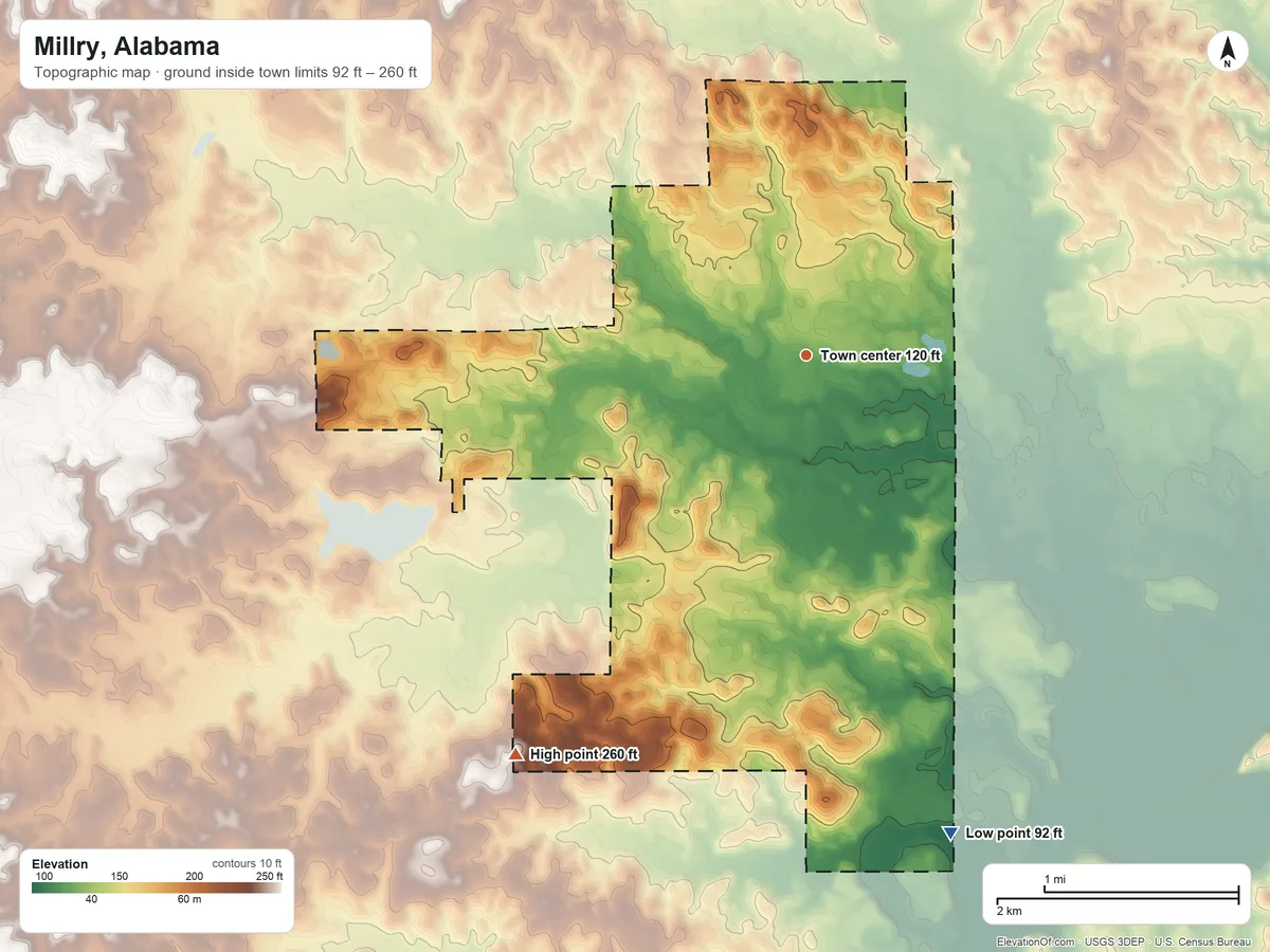 Topographic elevation map of Millry, Alabama, shaded from 92 ft on the south side to 260 ft on the southwest side