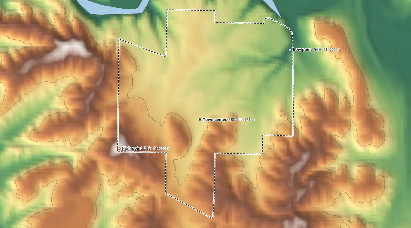 Topographic elevation map of Minor, Alabama, shaded from 500 ft on the northeast side to 710 ft on the west side