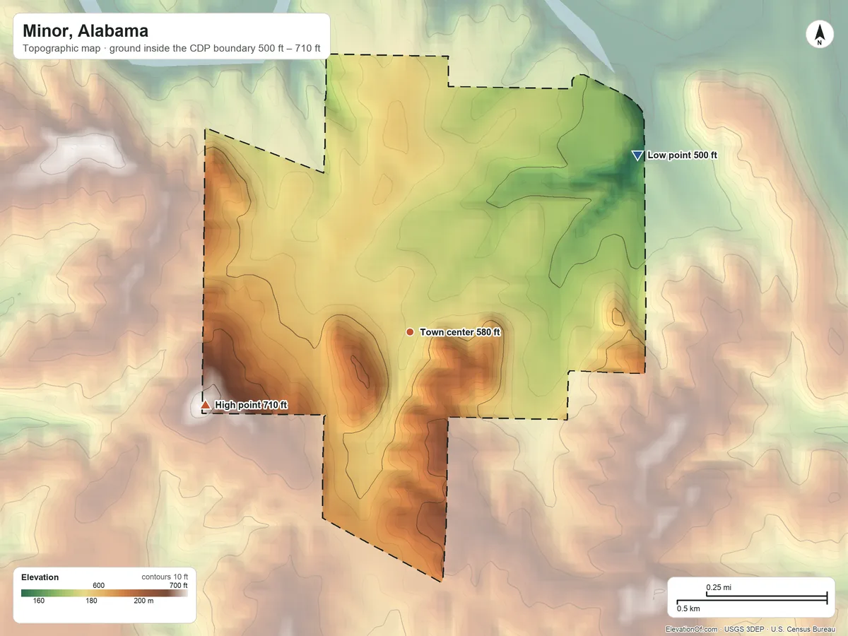 Topographic elevation map of Minor, Alabama, shaded from 500 ft on the northeast side to 710 ft on the west side