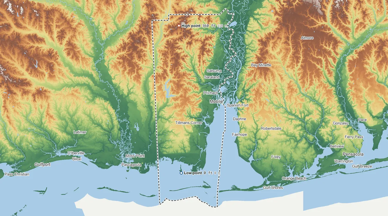 Topographic elevation map of Mobile County, Alabama, shaded from sea level on Mississippi Sound to 360 ft on the north side