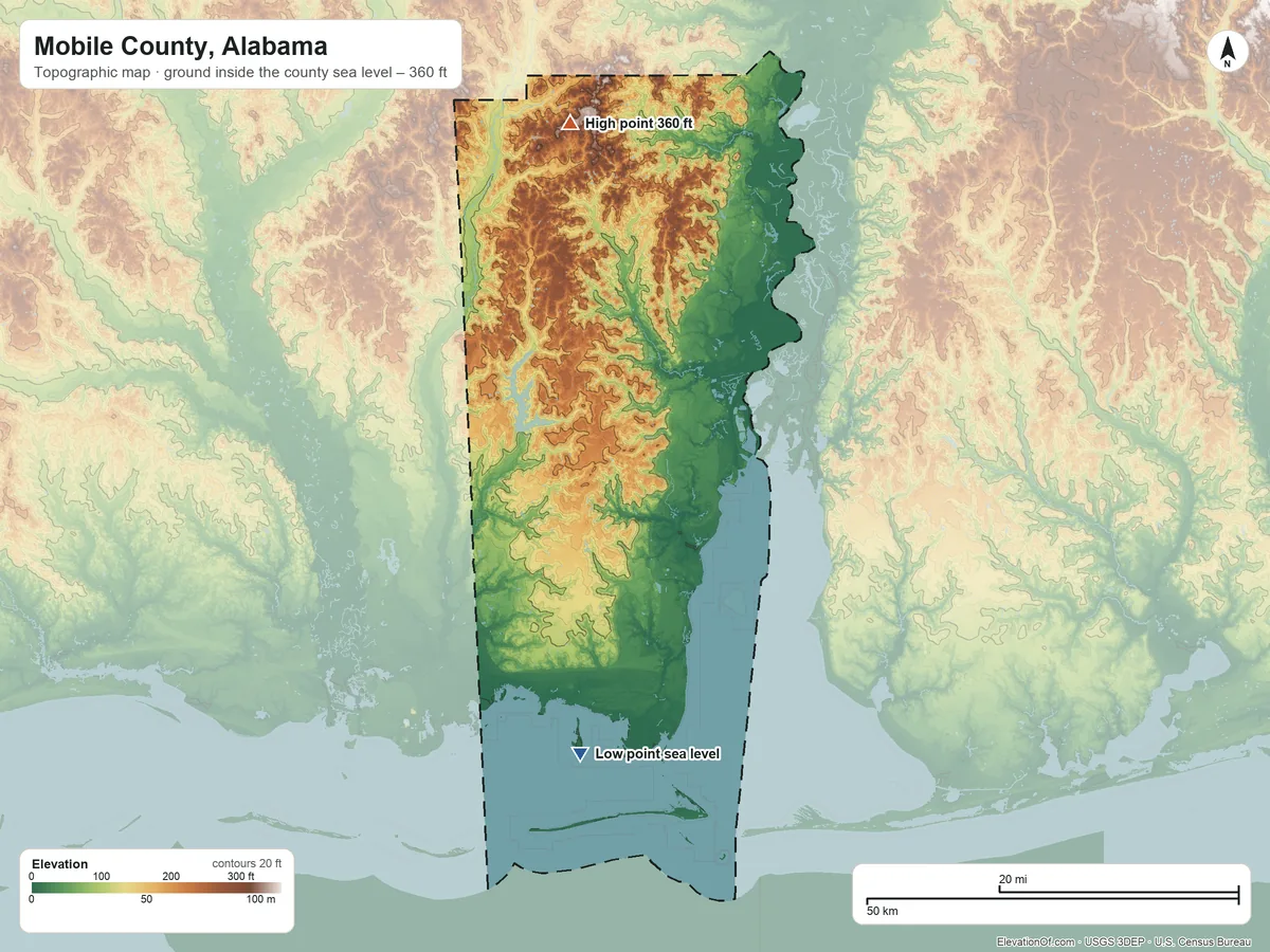 Topographic elevation map of Mobile County, Alabama, shaded from sea level on Mississippi Sound to 360 ft on the north side
