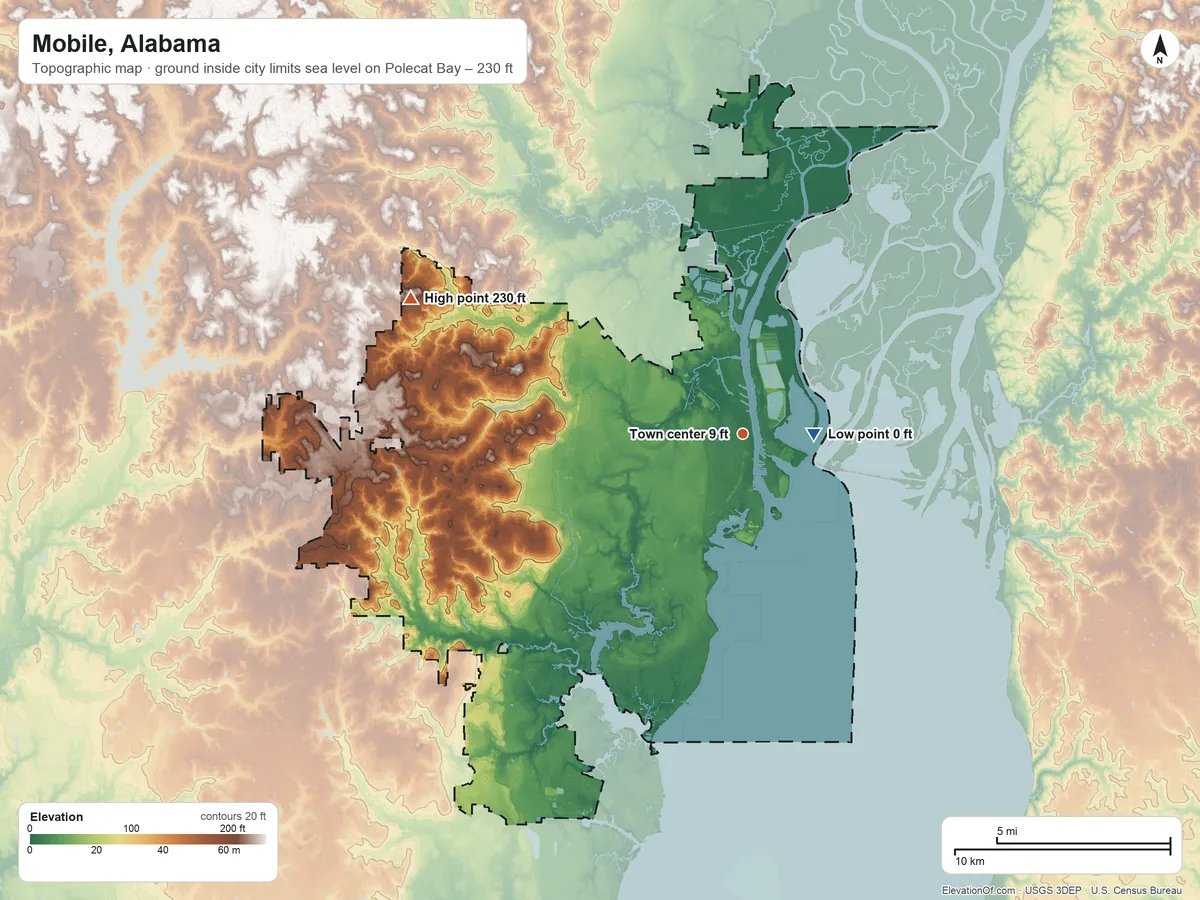 Topographic elevation map of Mobile, Alabama, shaded from sea level level on Polecat Bay to 230 ft on the west side