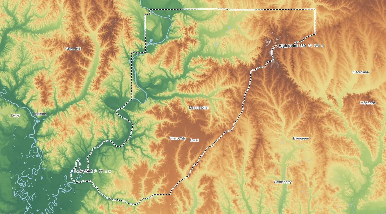 Topographic elevation map of Monroe County, Alabama, shaded from 3 ft on the southwest side to 580 ft on the northeast side