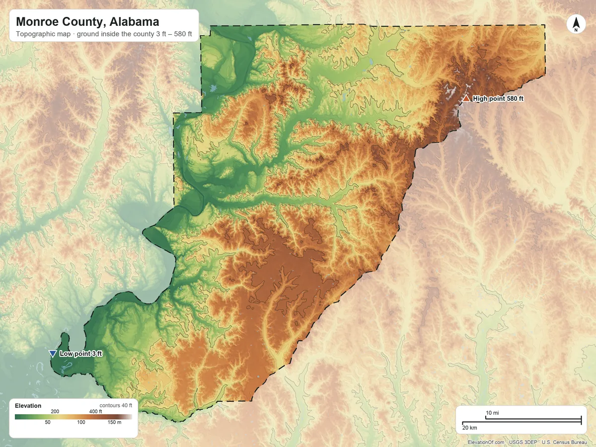 Topographic elevation map of Monroe County, Alabama, shaded from 3 ft on the southwest side to 580 ft on the northeast side