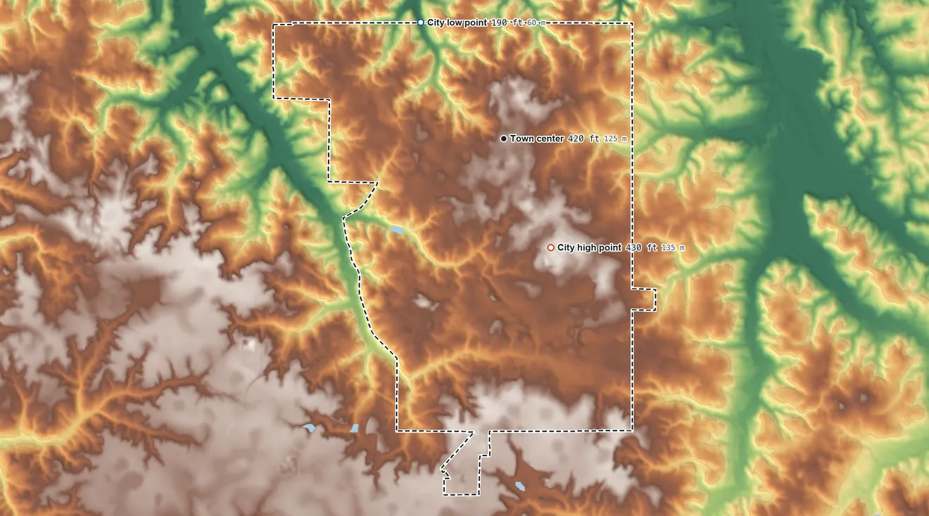 Topographic elevation map of Monroeville, Alabama, shaded from 190 ft on the northwest side to 430 ft on the southeast side