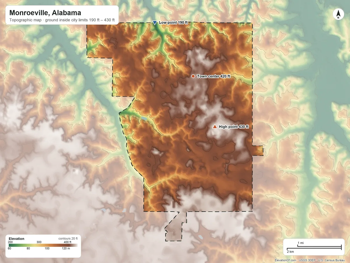 Topographic elevation map of Monroeville, Alabama, shaded from 190 ft on the northwest side to 430 ft on the southeast side