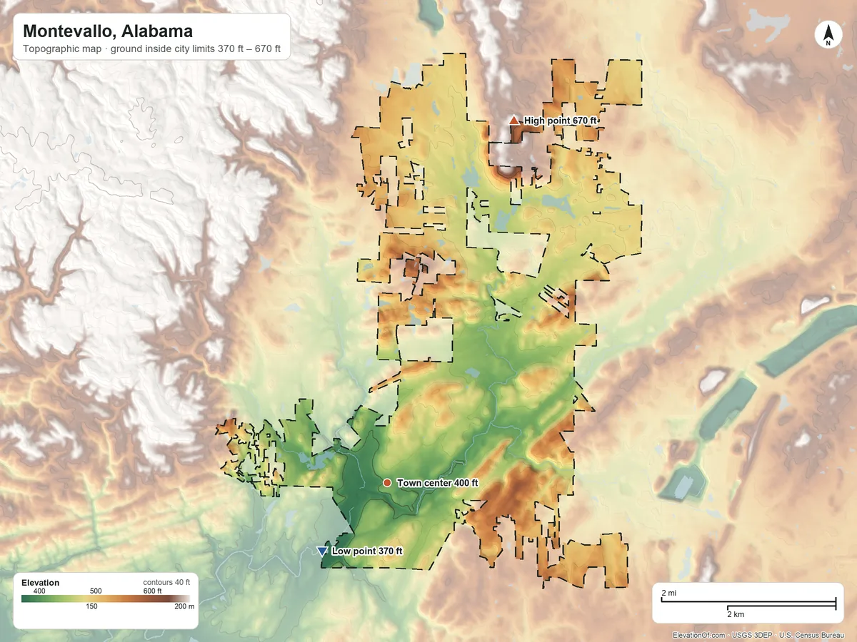 Topographic elevation map of Montevallo, Alabama, shaded from 370 ft on the southwest side to 670 ft on the north side