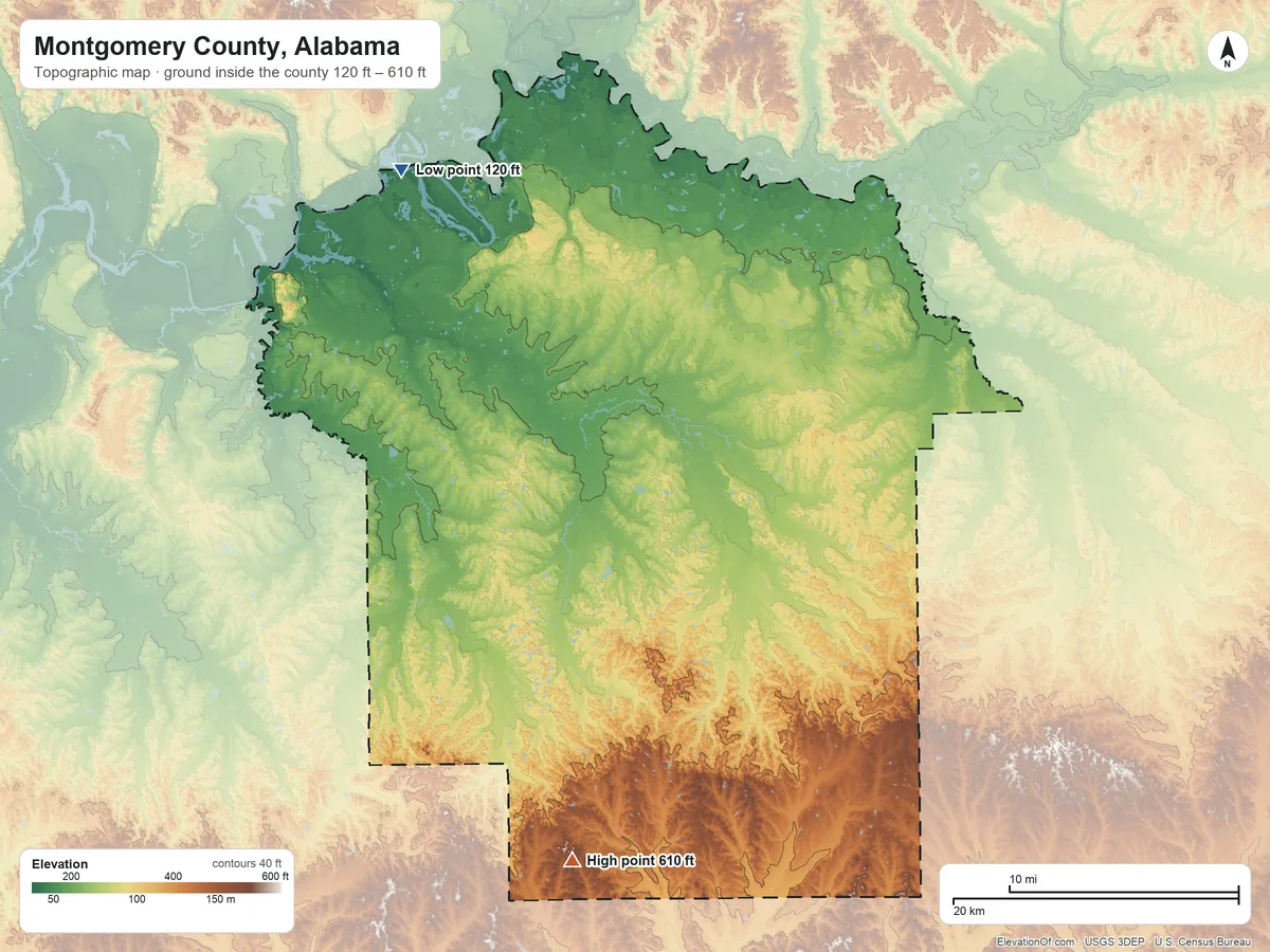 Topographic elevation map of Montgomery County, Alabama, shaded from 120 ft on the northwest side to 610 ft on the south side