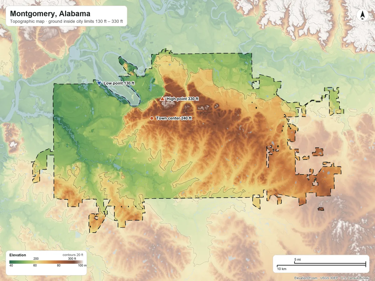 Topographic elevation map of Montgomery, Alabama, shaded from 130 ft on the northwest side to 330 ft near the middle