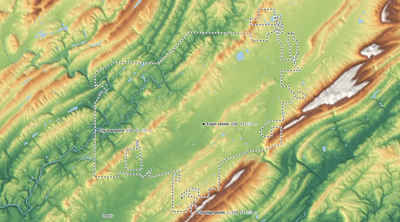 Topographic elevation map of Moody, Alabama, shaded from 550 ft on the west side to 1,170 ft on the south side