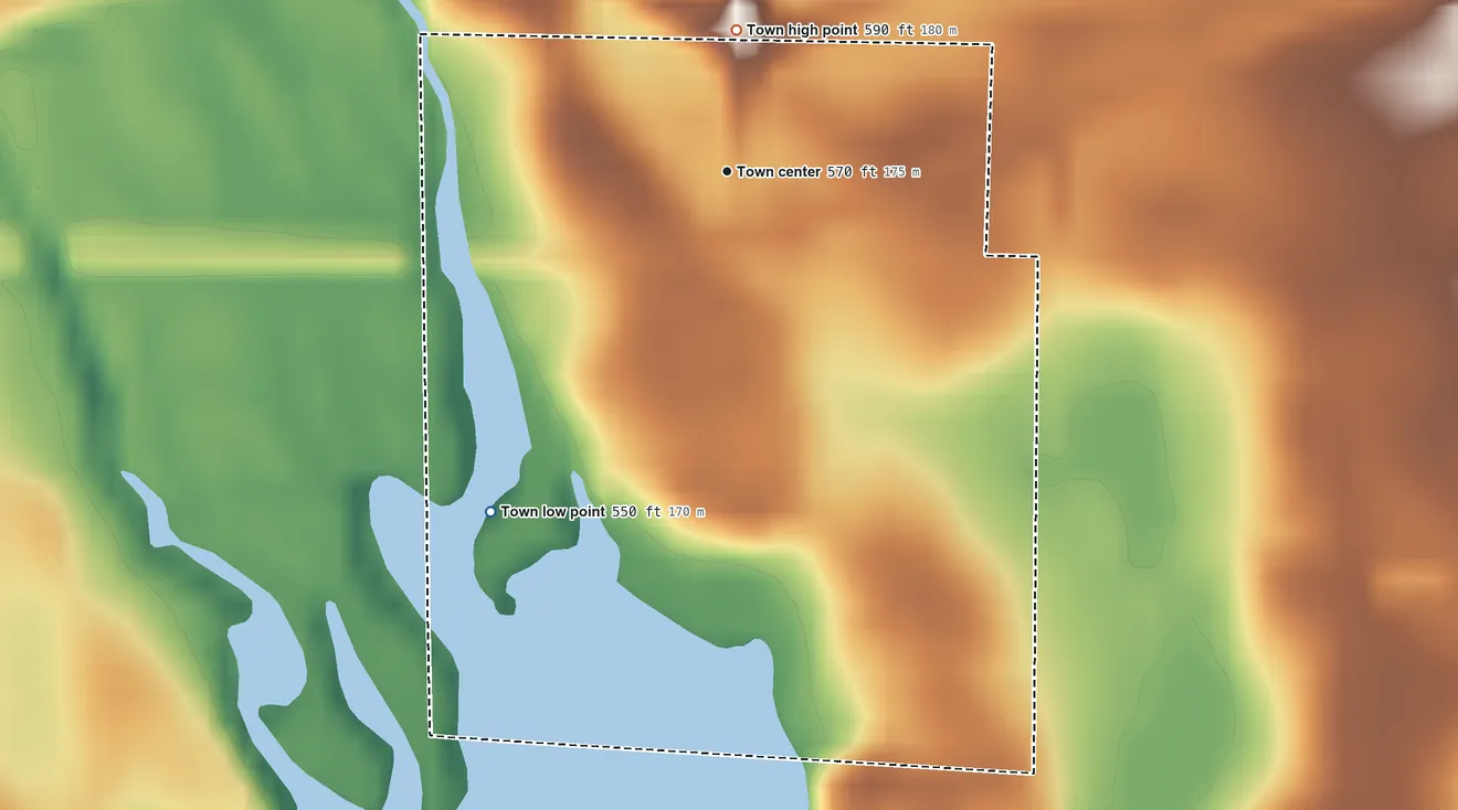 Topographic elevation map of Mooresville, Alabama, shaded from 550 ft on the southwest side to 590 ft on the north side