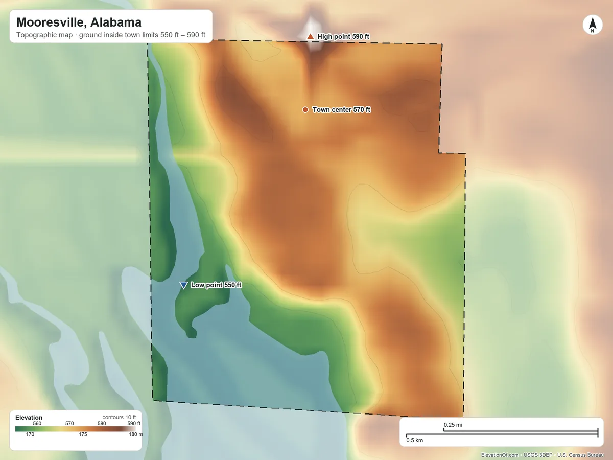 Topographic elevation map of Mooresville, Alabama, shaded from 550 ft on the southwest side to 590 ft on the north side