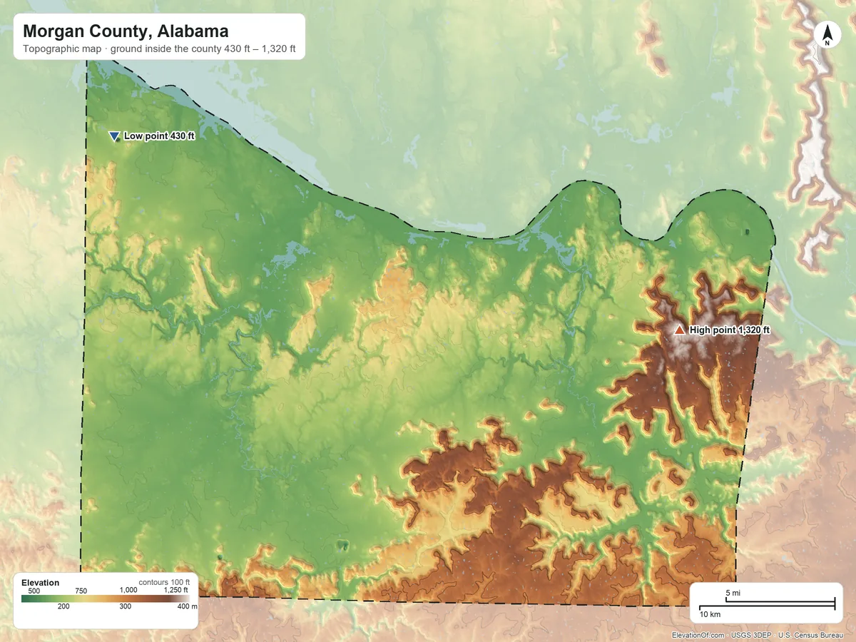 Topographic elevation map of Morgan County, Alabama, shaded from 430 ft on the northwest side to 1,320 ft on the east side