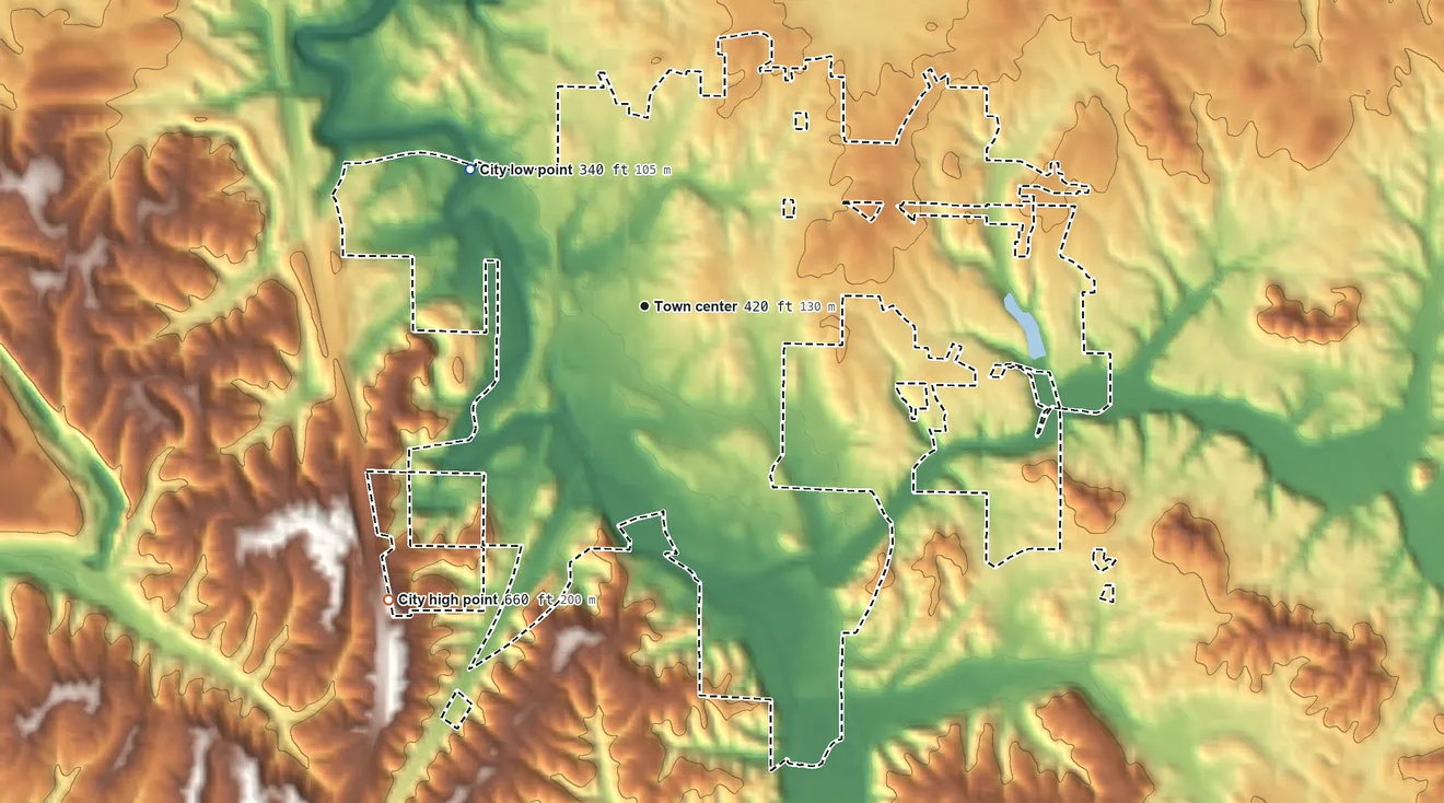 Topographic elevation map of Morris, Alabama, shaded from 340 ft on the northwest side to 660 ft on the southwest side