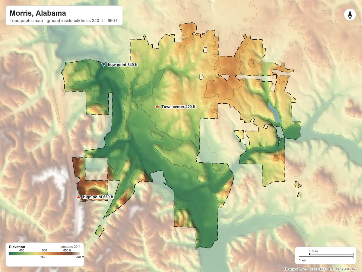Topographic elevation map of Morris, Alabama, shaded from 340 ft on the northwest side to 660 ft on the southwest side