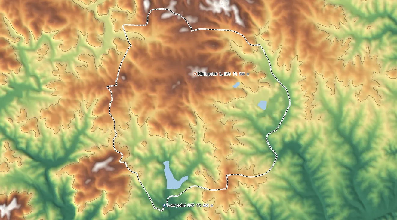 Topographic elevation map of Morrison Crossroads, Alabama, shaded from 870 ft on the south side to 1,180 ft near the middle