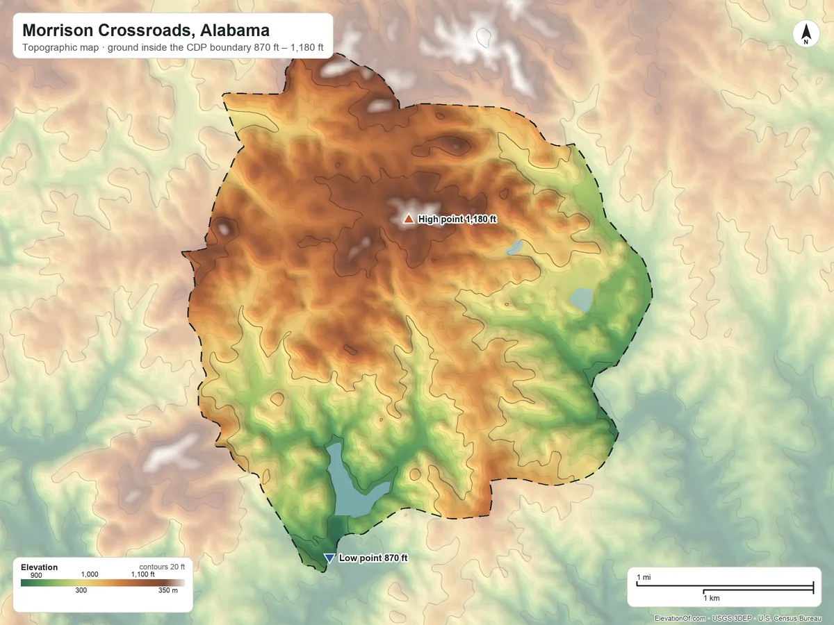 Topographic elevation map of Morrison Crossroads, Alabama, shaded from 870 ft on the south side to 1,180 ft near the middle