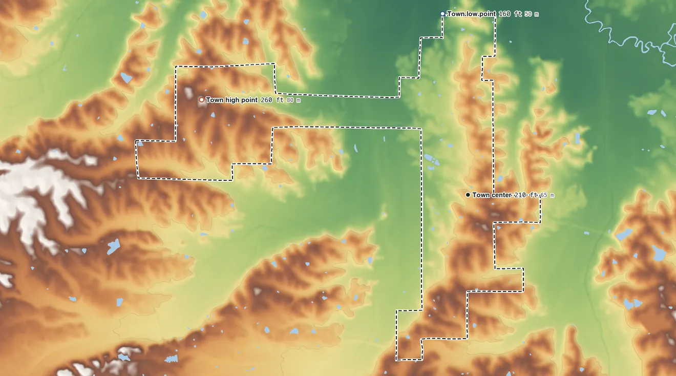 Topographic elevation map of Mosses, Alabama, shaded from 160 ft on the north side to 260 ft on the west side