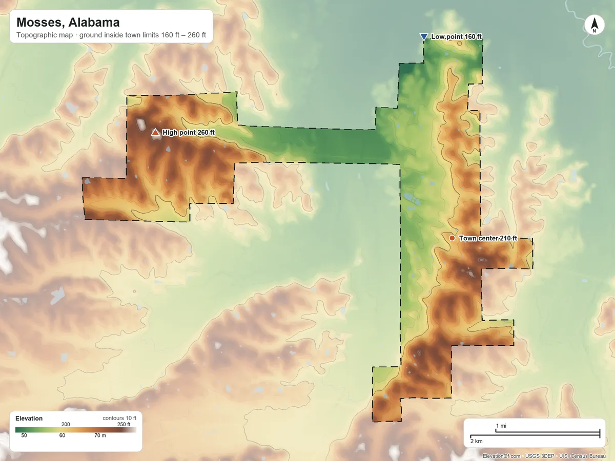 Topographic elevation map of Mosses, Alabama, shaded from 160 ft on the north side to 260 ft on the west side