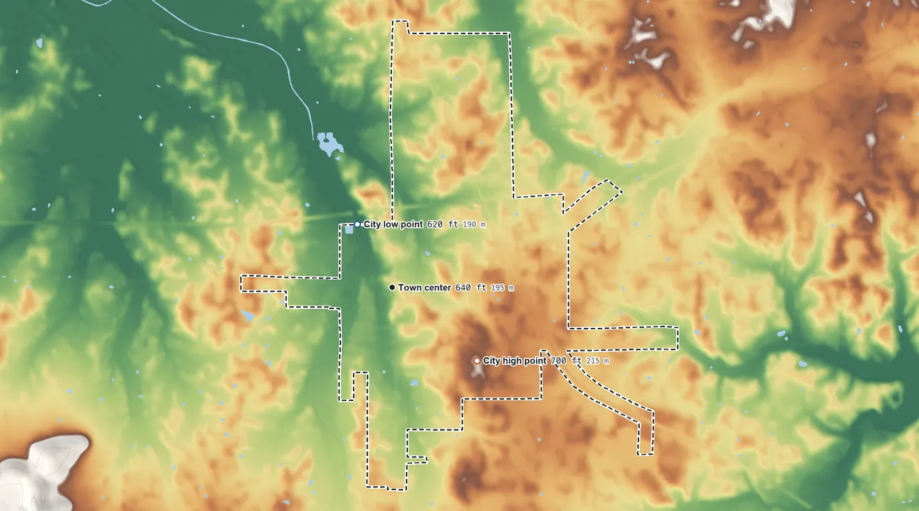 Topographic elevation map of Moulton, Alabama, shaded from 620 ft on the northwest side to 700 ft on the southeast side