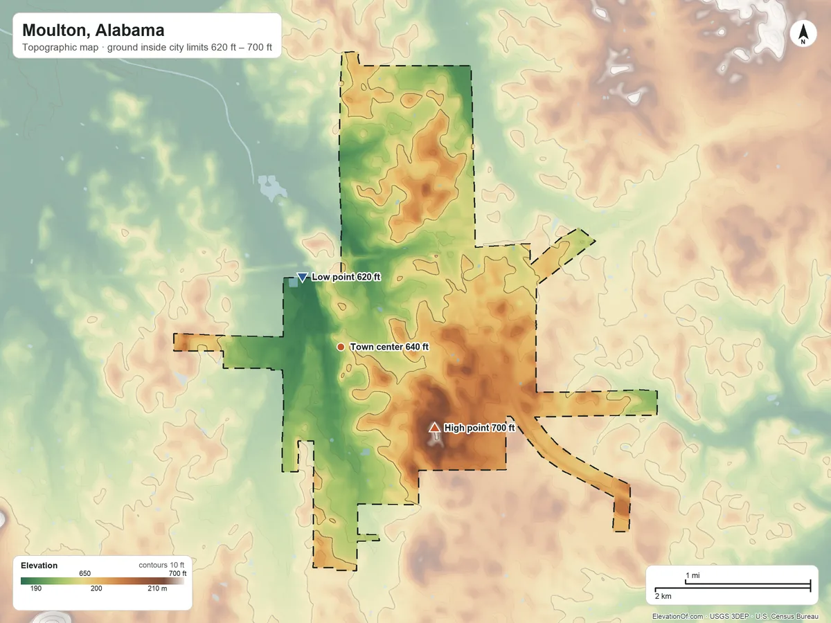 Topographic elevation map of Moulton, Alabama, shaded from 620 ft on the northwest side to 700 ft on the southeast side