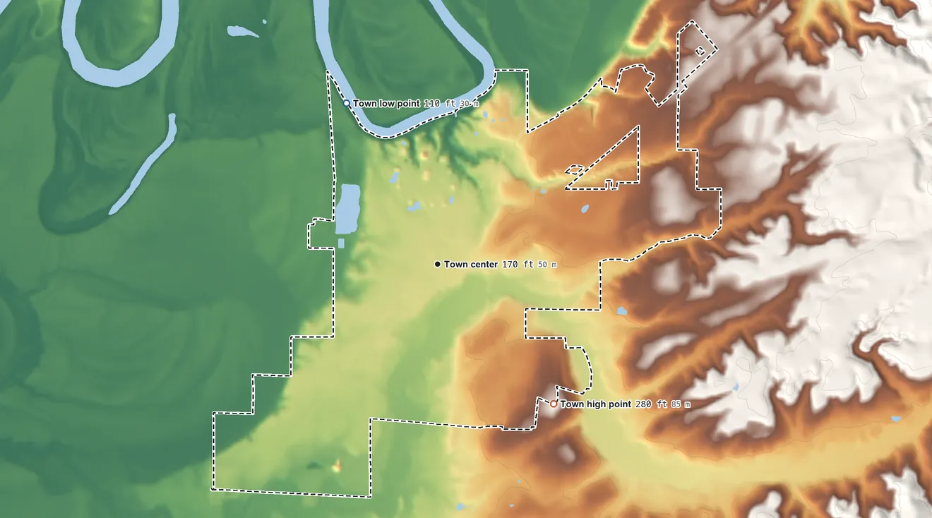 Topographic elevation map of Moundville, Alabama, shaded from 110 ft on the northwest side to 280 ft on the southeast side