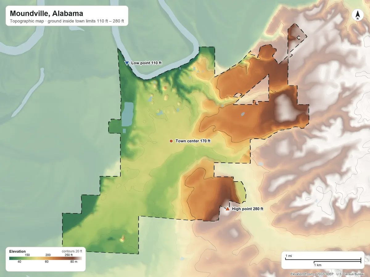 Topographic elevation map of Moundville, Alabama, shaded from 110 ft on the northwest side to 280 ft on the southeast side