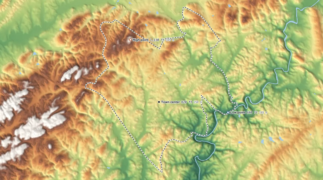 Topographic elevation map of Mount Olive, Coosa County, Alabama, shaded from 640 ft on the east side to 1,130 ft on the northwest side