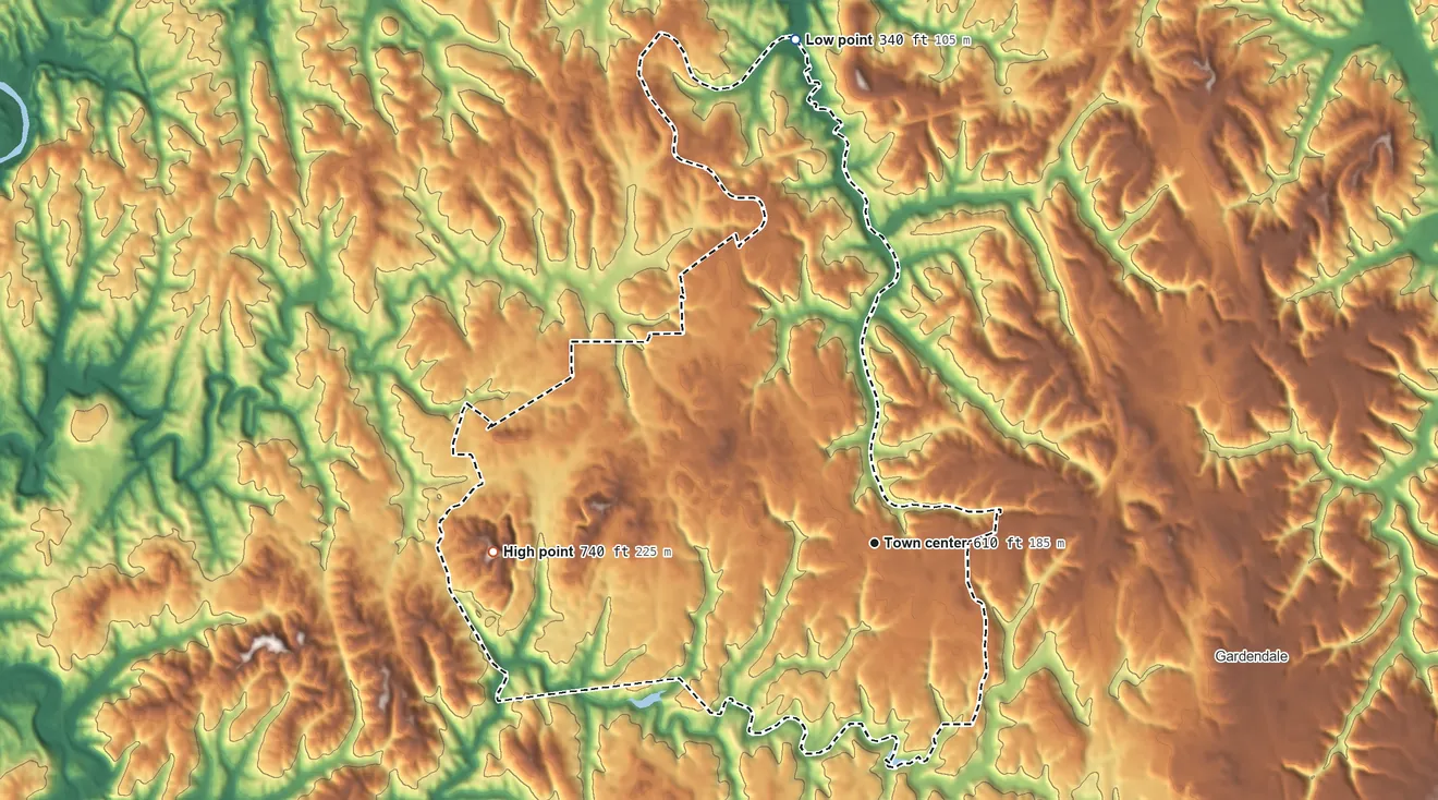 Topographic elevation map of Mount Olive, Alabama, shaded from 340 ft on the north side to 740 ft on Crocker Mountain