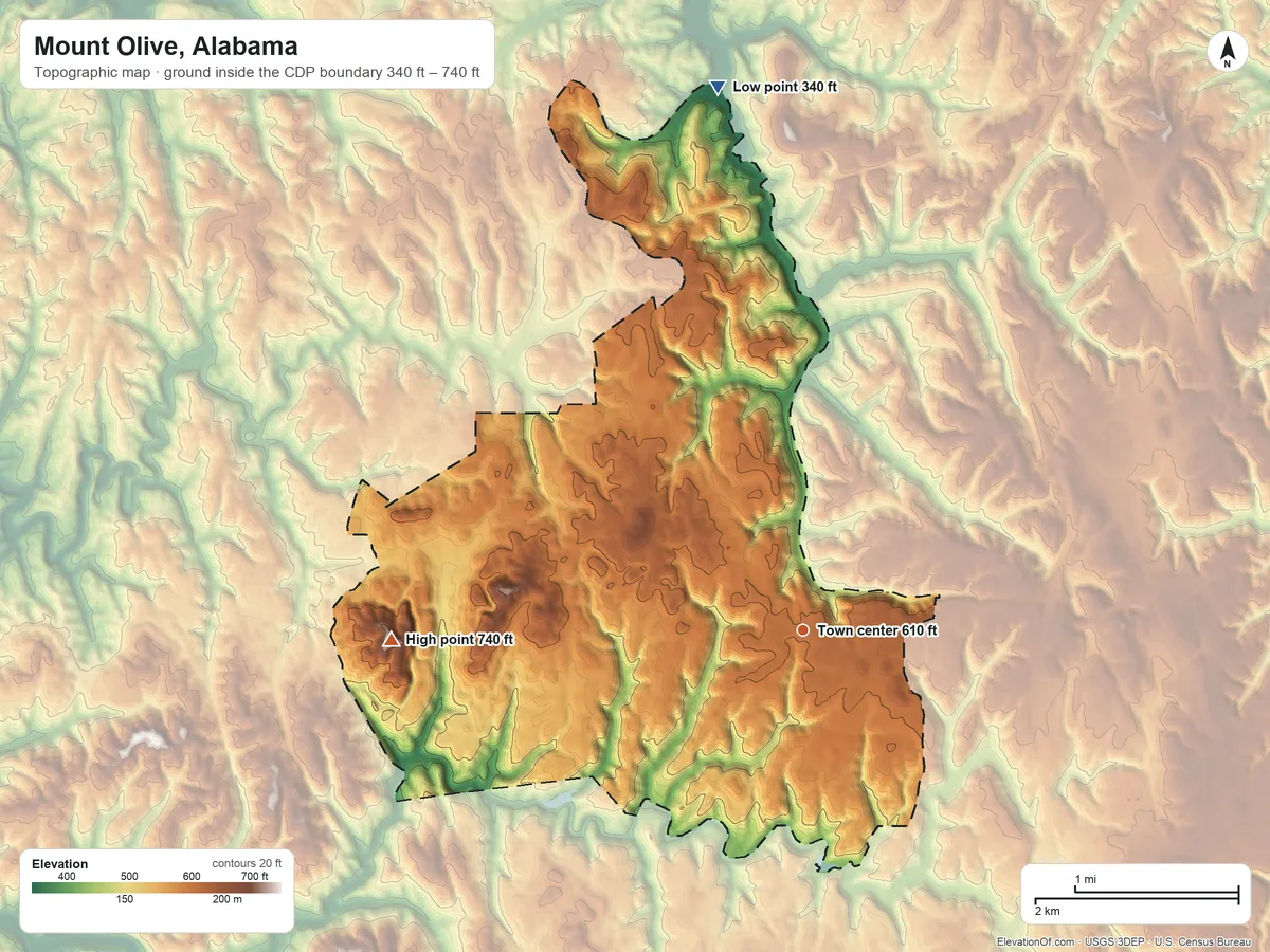 Topographic elevation map of Mount Olive, Alabama, shaded from 340 ft on the north side to 740 ft on Crocker Mountain