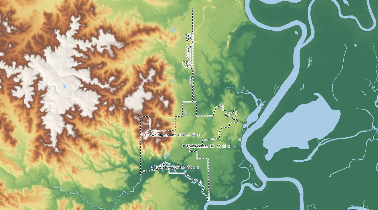 Topographic elevation map of Mount Vernon, Alabama, shaded from 7 ft on the southwest side to 190 ft on the west side