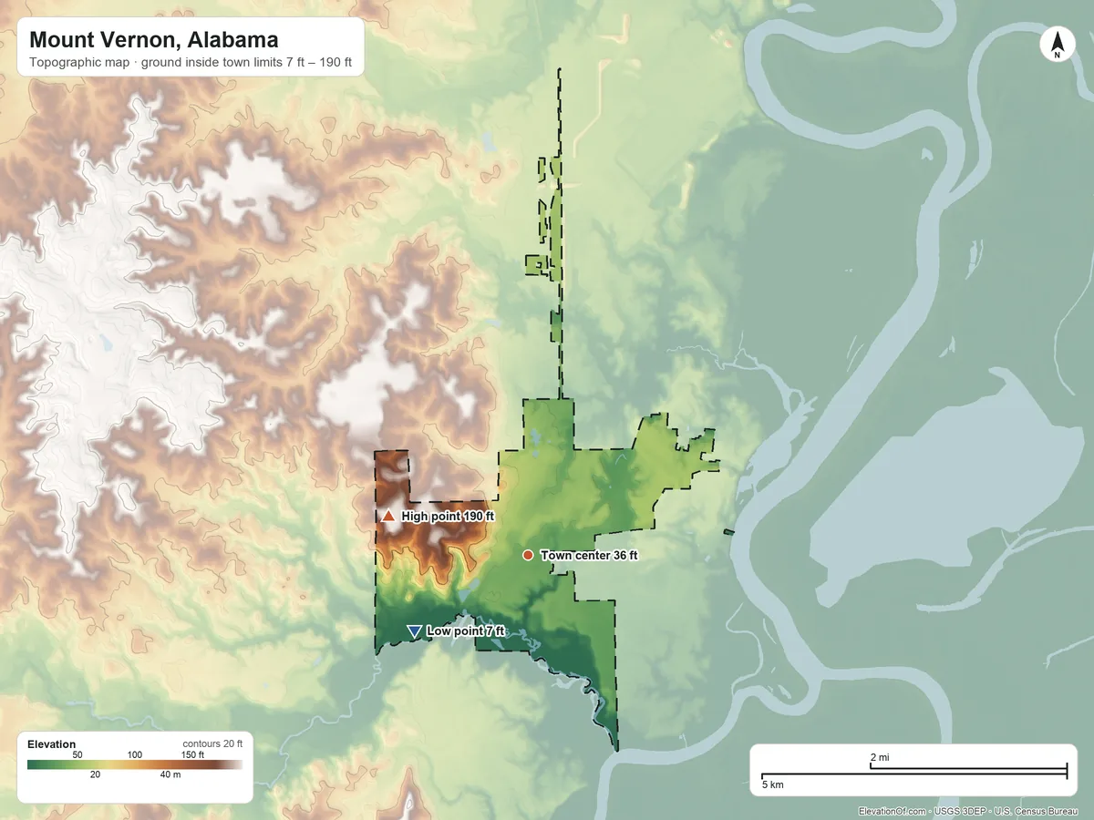 Topographic elevation map of Mount Vernon, Alabama, shaded from 7 ft on the southwest side to 190 ft on the west side