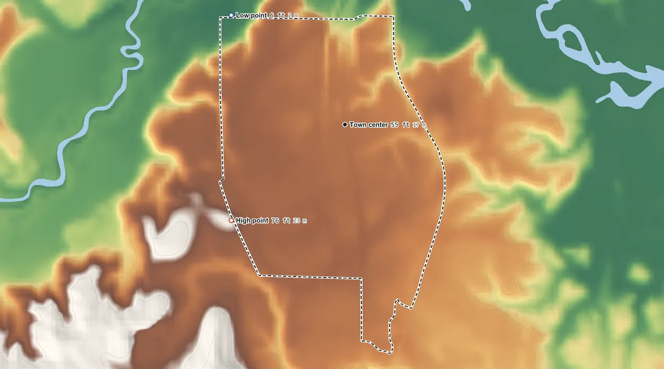 Topographic elevation map of Movico, Alabama, shaded from 6 ft on the northwest side to 76 ft on the southwest side
