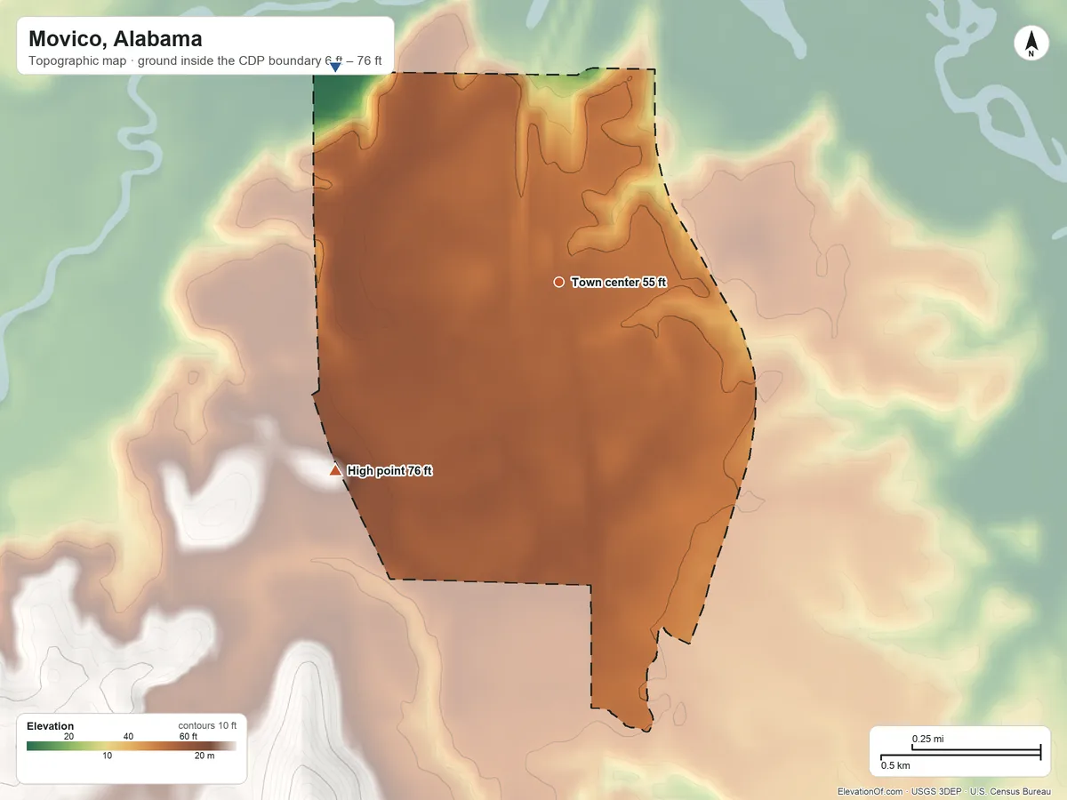 Topographic elevation map of Movico, Alabama, shaded from 6 ft on the northwest side to 76 ft on the southwest side