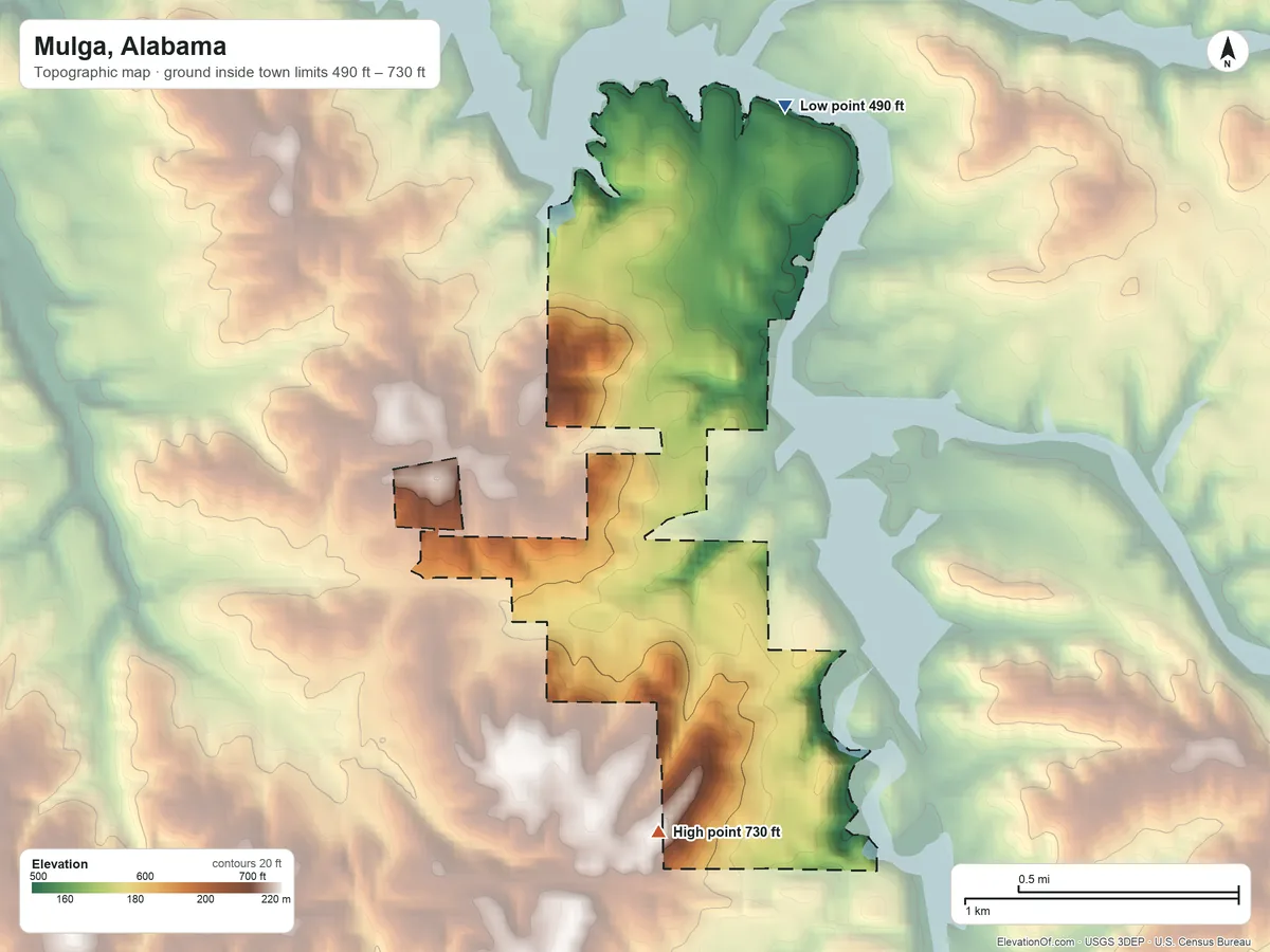 Topographic elevation map of Mulga, Alabama, shaded from 490 ft on the north side to 730 ft on the south side
