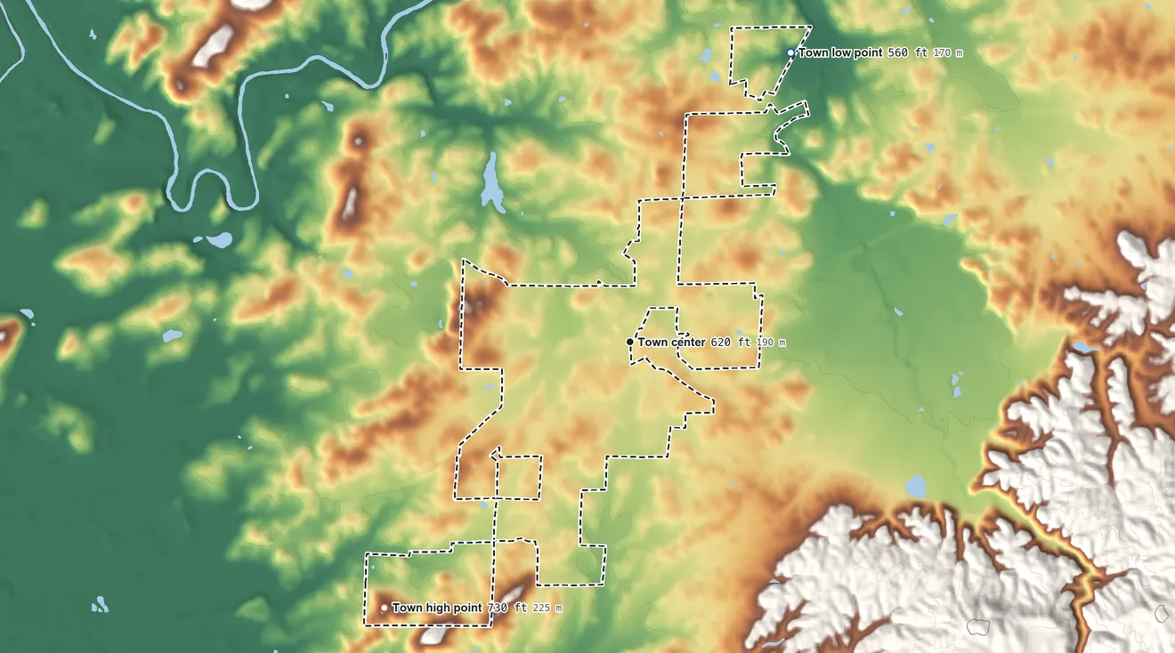 Topographic elevation map of Munford, Alabama, shaded from 560 ft on the northeast side to 730 ft on the southwest side