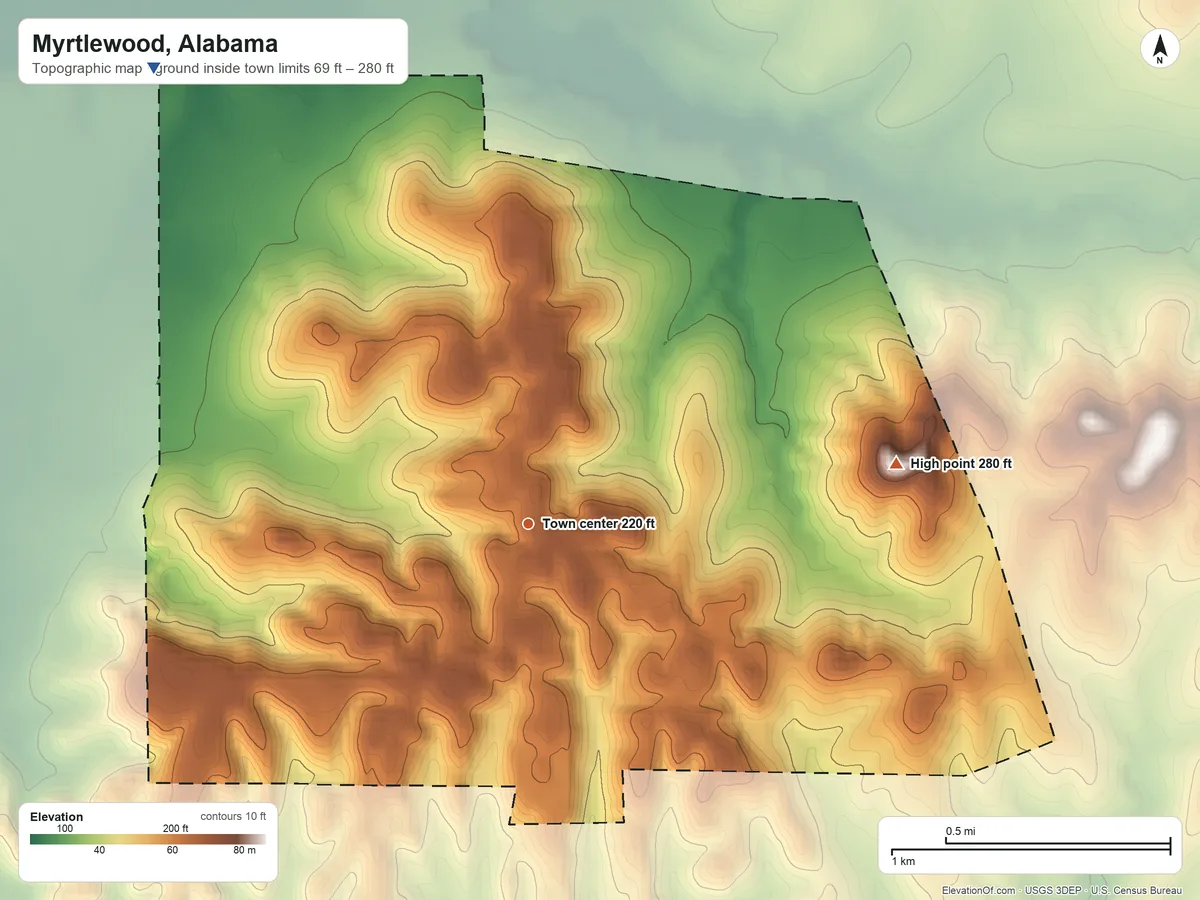 Topographic elevation map of Myrtlewood, Alabama, shaded from 69 ft on the northwest side to 280 ft on the east side