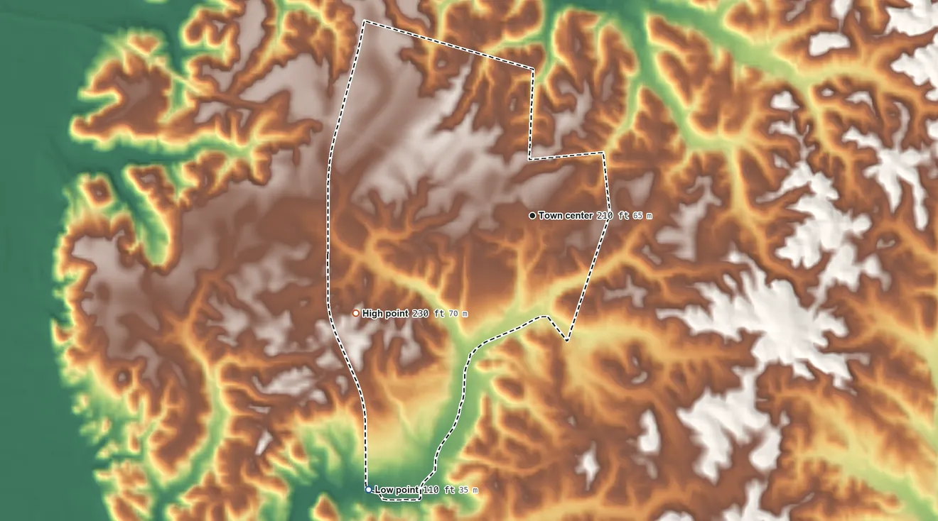 Topographic elevation map of Nanafalia, Alabama, shaded from 110 ft on the southwest side to 230 ft on the southwest side