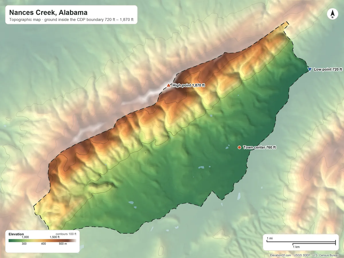 Topographic elevation map of Nances Creek, Alabama, shaded from 720 ft on the northeast side to 1,870 ft on Hurricane Mountain